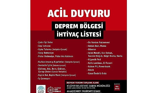 Nilüfer Belediyesi deprem bölgesi için yardım kampanyası başlattı