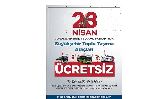 Kocaeli'nde 23 Nisan'da ulaşım ücretsiz